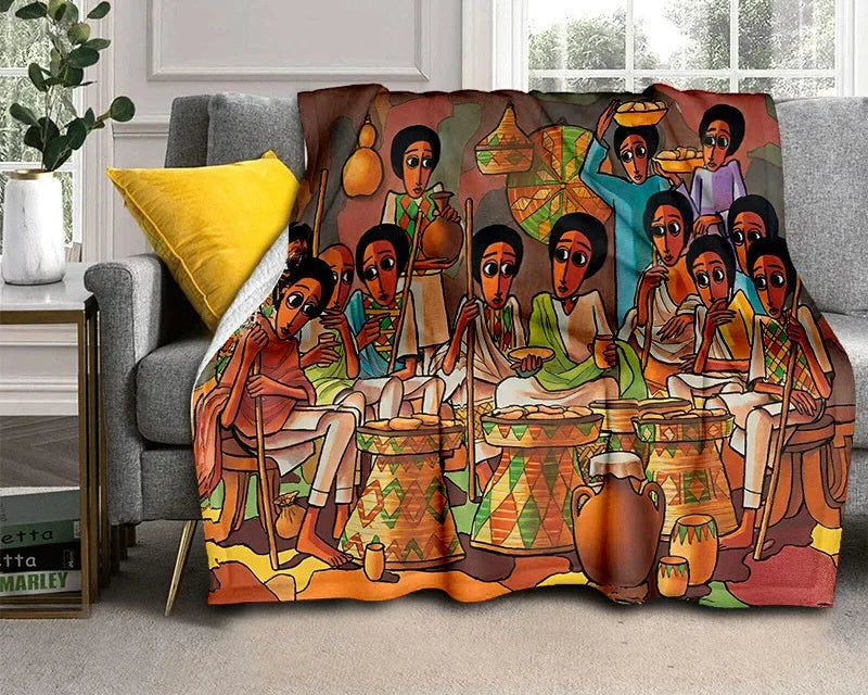 Cartoon Africa Ethiopian Custom Painting Flannel Blanket - Glow by Hellen African and Boho Jewelry African Home Decor Cultural Accessories
